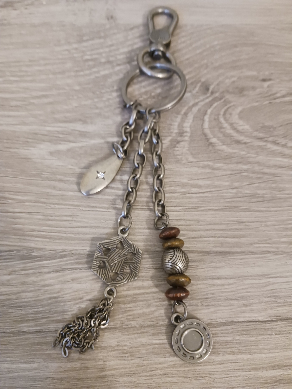 Sakroots Silver-Tone Beaded Tassel Keychain with Brown Accent Beads